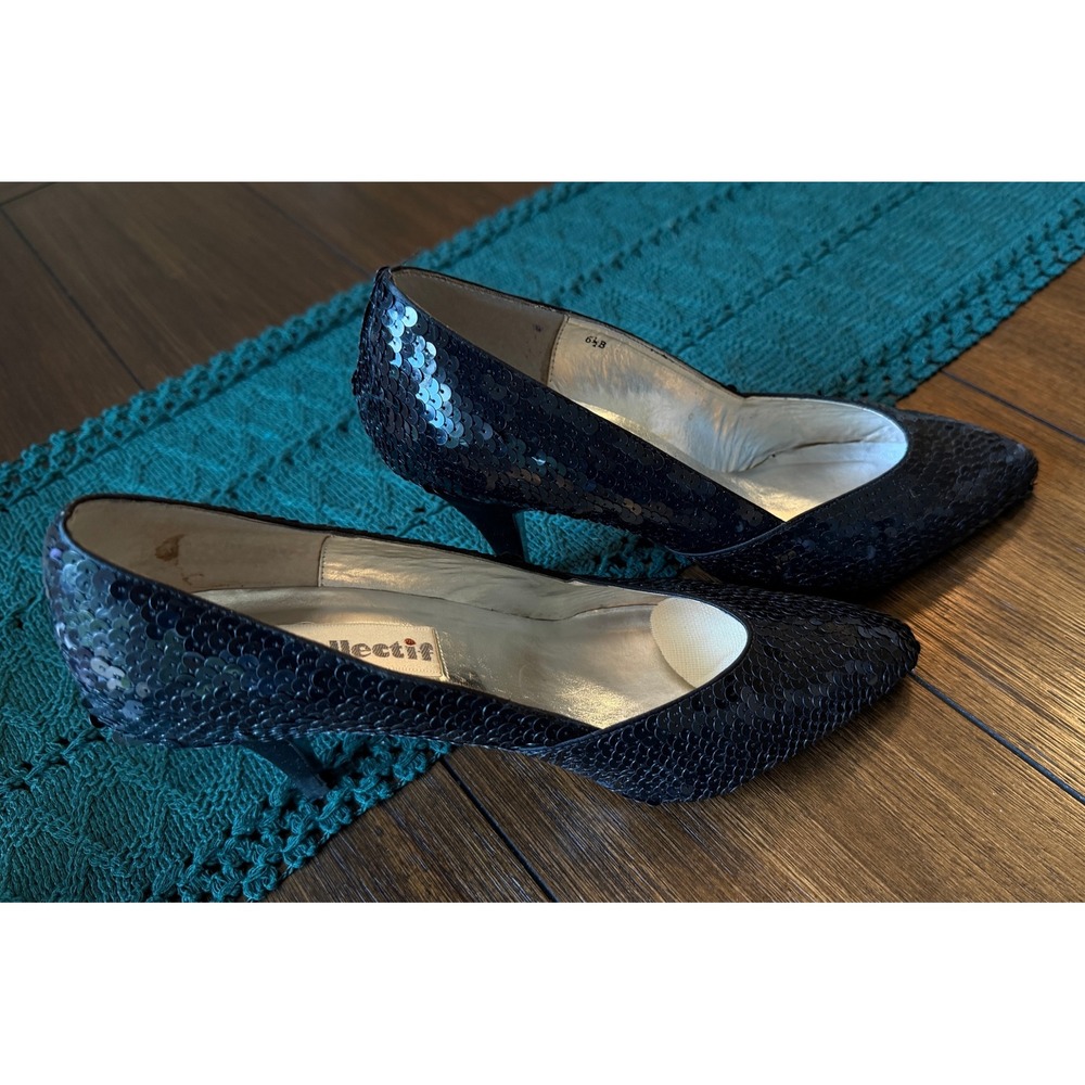 Collectif Black Sequin Pointed Toe Kitten Heels Pumps Womens 6.5 B Vintage Style